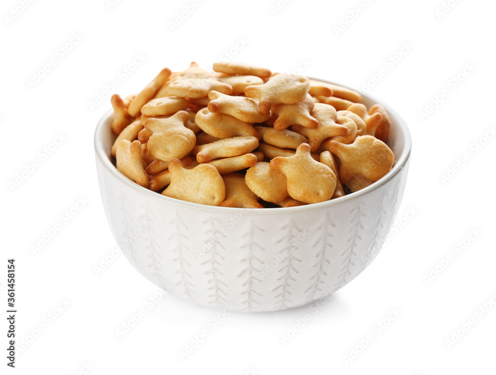 Delicious goldfish crackers in bowl isolated on white Delicious goldfish crackers in bowl isolated on white