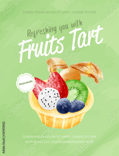 Watercolor paining in retro style of fruits tart.  Design for printing, postcard, menu, and others. Vector illustration.