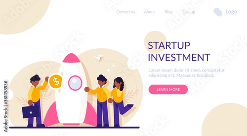 Startup investment concept. Venture capital financing, financial support of innovative technologies. Businessman or investor inserting dollar coin into spaceship. Modern flat illustration.
