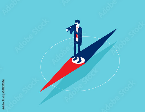 Businessman standing on pointer and exploring direction. Looking through telescope
