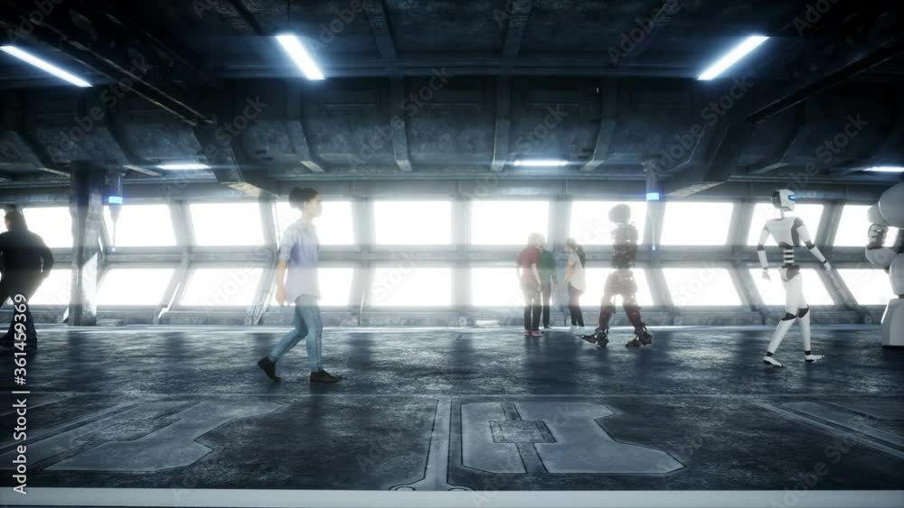 People and robots. Sci fi tonnel. Futuristic traffic. Concept of future. Realistic 4K animation. People and robots. Sci fi tonnel. Futuristic traffic. Concept of future. Realistic 4K animation.