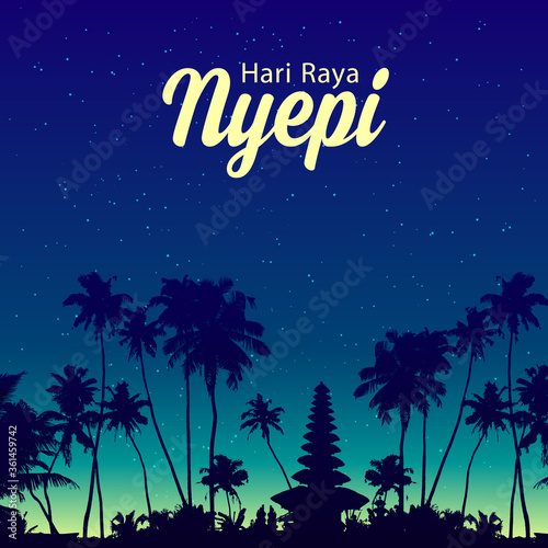 Dark palm trees and traditional balinese temple silhouette on night sky background. Nyepi greetings vector poster template.