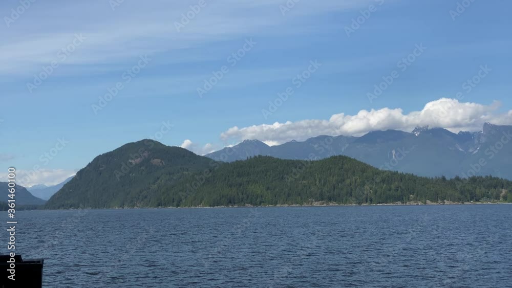 Ocean view with mountains, blue sky and white clouds at summer day. Ocean view with mountains, blue sky and white clouds at summer day.