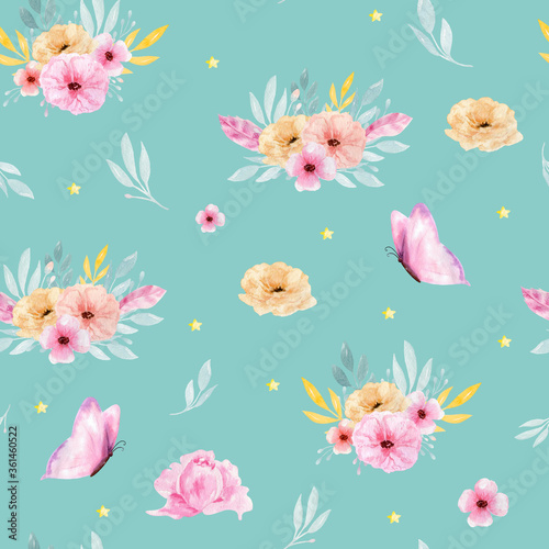 Watercolor seamless pattern with flowers, bohemian watercolour decoration pattern. Design for invitation, wedding or greeting cards