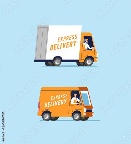 Delivery trucks with men carrying parcels. Vector illustration.