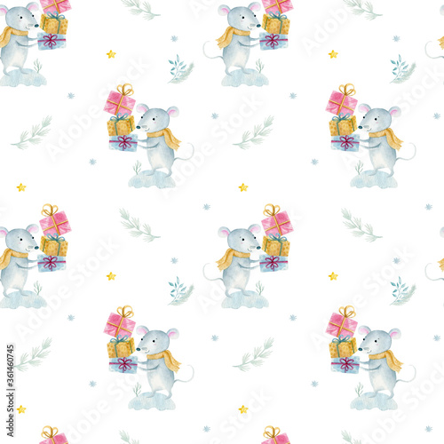 Watercolor seamless pattern with Cute cartoon christmas rat mouse. Watercolor hand drawn animal illustration. New Year 2020 holiday drawing