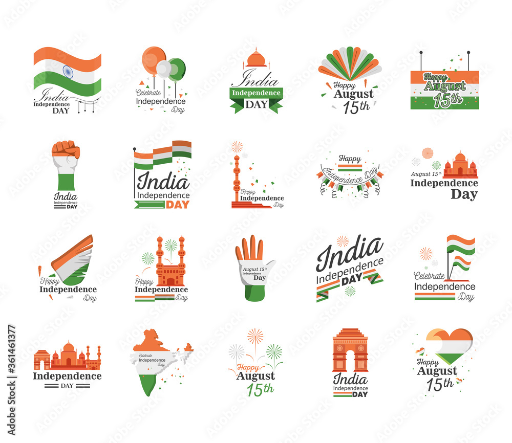 Happy india independence day icon set detailed style icon vector design