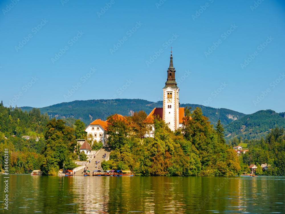 View on the Pilgrimage Church of the Assumption of Maria on the Lake Bled. View on the Pilgrimage Church of the Assumption of Maria on the Lake Bled.