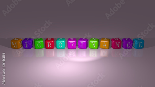 Microfinance combined by dice letters and color crossing for the related meanings of the concept