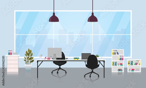  Office room interior with cityscape outside window. Vector illustration.