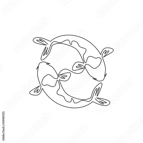One continuous line drawing of beauty cute koi fish for aquarium farm logo identity. Japanese typical carp beautiful fish icon concept. Modern single line draw design vector graphic illustration