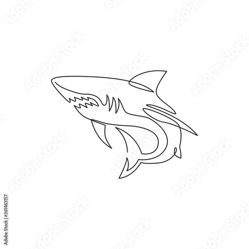 One single line drawing of ruler of the sea, shark for company logo identity. Dangerous sea fish concept for ocean nature peace organization mascot. Continuous line draw design vector illustration