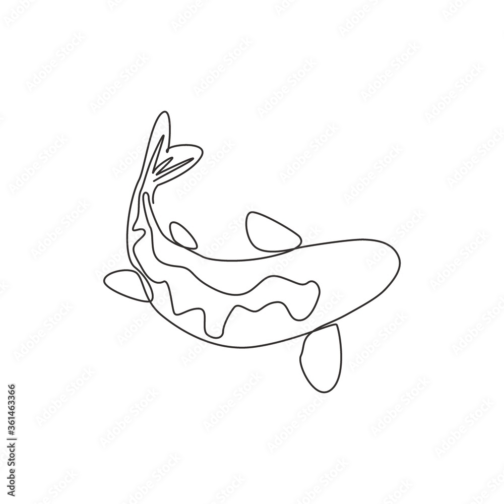 One continuous line drawing of elegant beautiful koi fish for aquarium farm logo identity. Japanese typical beauty carp fish icon concept. Trendy single line draw design vector graphic illustration One continuous line drawing of elegant beautiful koi fish for aquarium farm logo identity. Japanese typical beauty carp fish icon concept. Trendy single line draw design vector graphic illustration