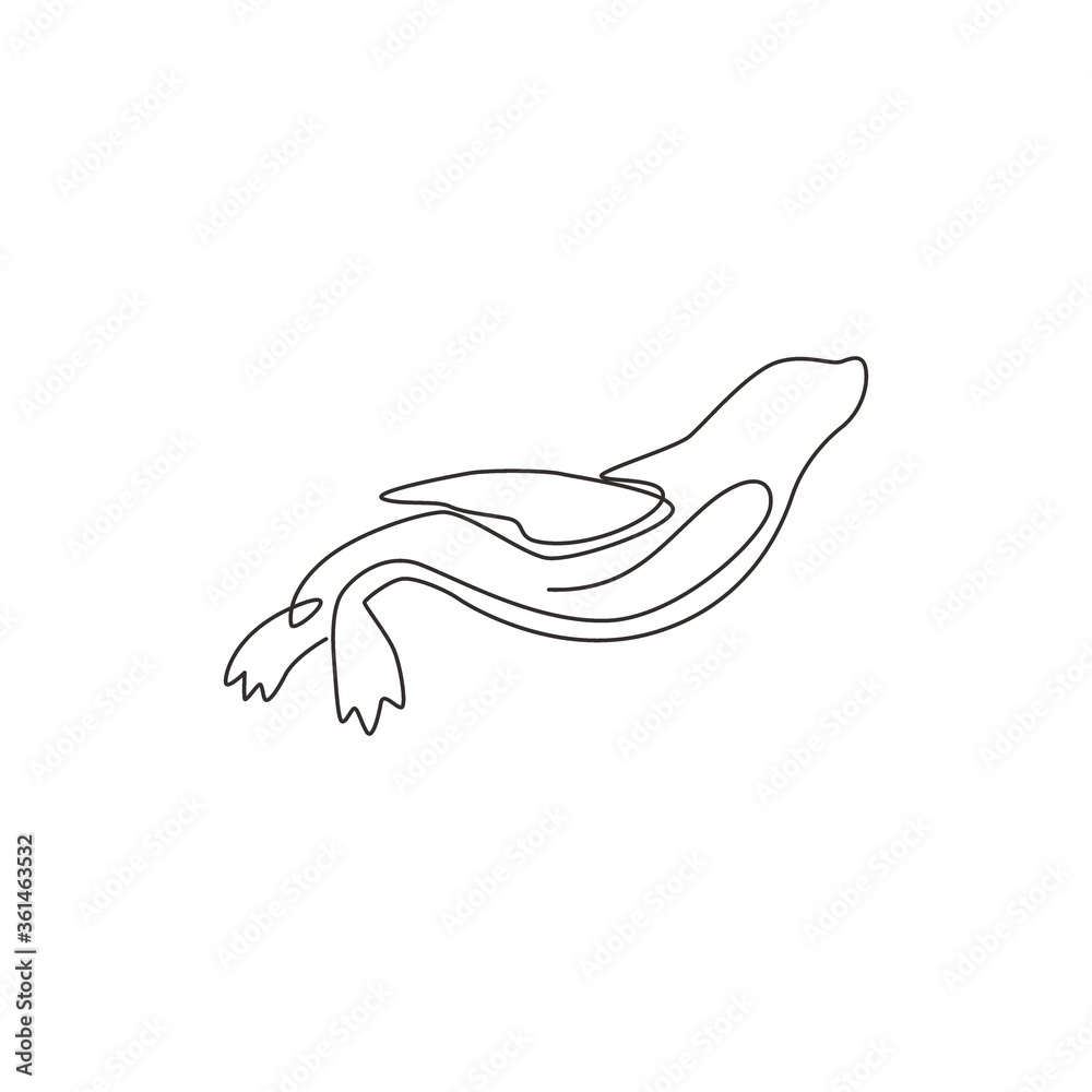 One continuous line drawing of wild sea lion for marine company logo identity. Cute ocean mammal animal mascot concept for environment organization. Trendy single line vector draw design illustration One continuous line drawing of wild sea lion for marine company logo identity. Cute ocean mammal animal mascot concept for environment organization. Trendy single line vector draw design illustration