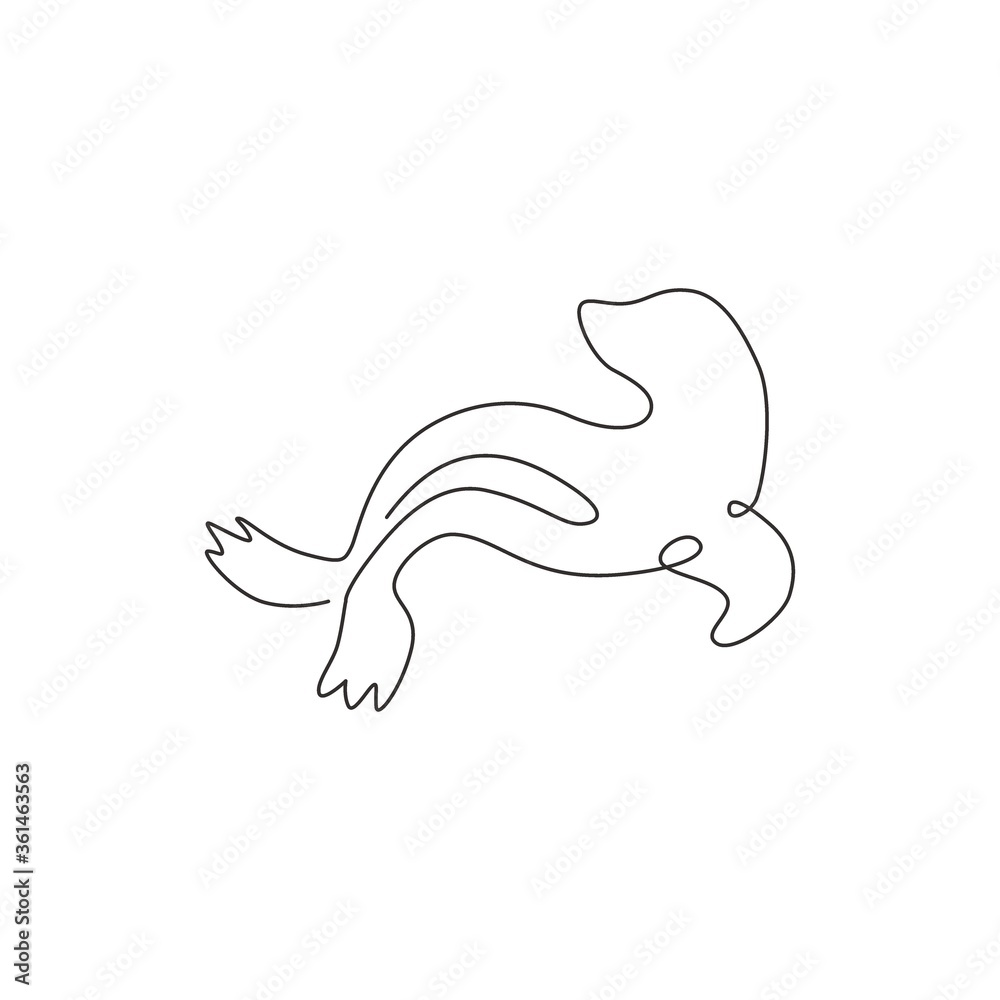 Fototapeta premium One single line drawing of adorable sea lion for aquatic park logo identity. Cute creature mammal animal mascot concept for circus show. Trendy continuous line draw design vector graphic illustration