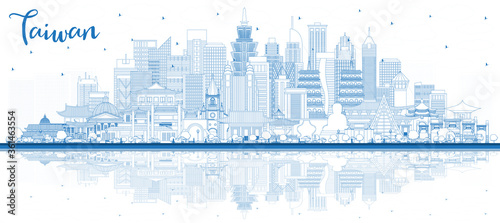 Outline Taiwan City Skyline with Blue Buildings and Reflections.