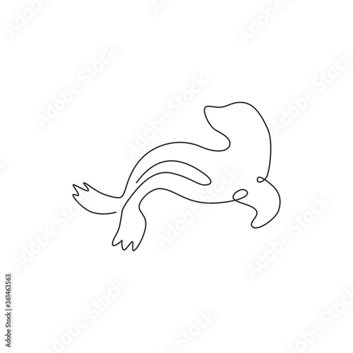 One single line drawing of adorable sea lion for aquatic park logo identity. Cute creature mammal animal mascot concept for circus show. Trendy continuous line draw design vector graphic illustration
