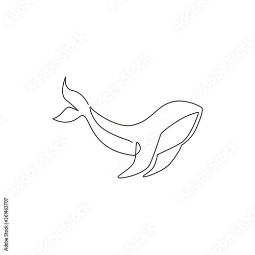 One continuous line drawing of giant whale for water aquatic park logo identity. Big ocean mammal animal mascot concept for environment organization. Single line draw design graphic illustration