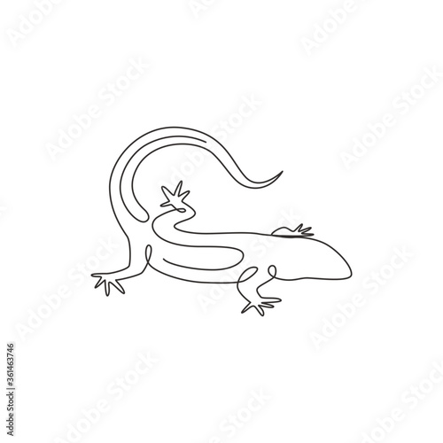 One continuous line drawing of exotic desert lizard for company logo identity. Cute desert animal mascot concept for reptile pet lover organization. Trendy single line draw design vector illustration