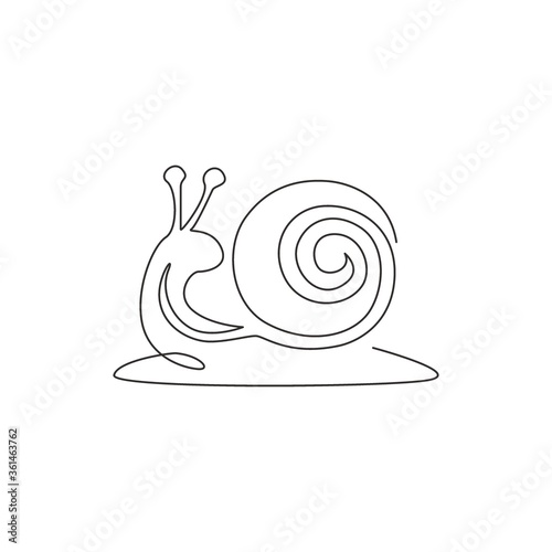 Single continuous line drawing of exotic snail with spiral shell mascot concept for organic food logo identity. High nutritious escargot healthy food. One line vector graphic draw design illustration