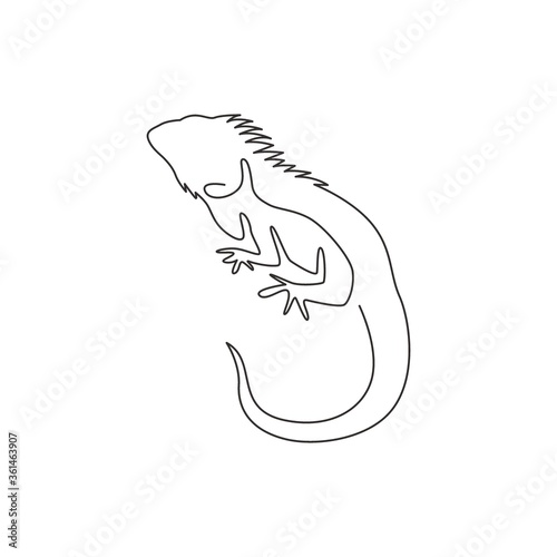 One single line drawing of exotic iguana for company logo identity. Cute reptilian animal mascot concept for pet lover society. Trendy continuous line draw design vector graphic illustration