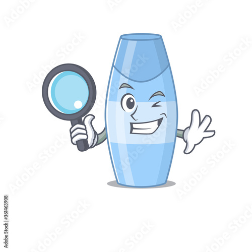 cartoon mascot design of shampoo super Detective breaking the case using tools