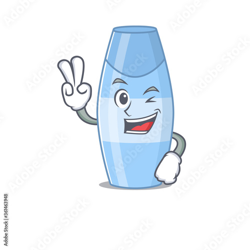 A joyful shampoo cartoon mascot style show two fingers pose