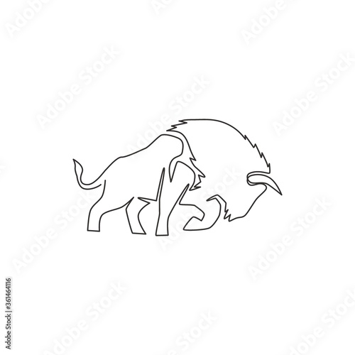 One single line drawing of healthy organic american bison for livestock cattle logo identity. Big buffalo mascot concept for canned meat food. Dynamic one line vector graphic draw design illustration