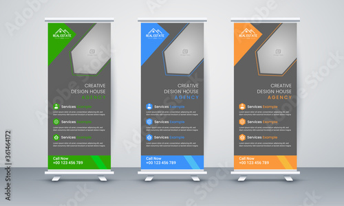 Roll up banner stand template design, blue banner layout, advertisement, pull up, polygon background, vector illustration, advertisement, pull up, x-banner and flag-banner layout, abstract background