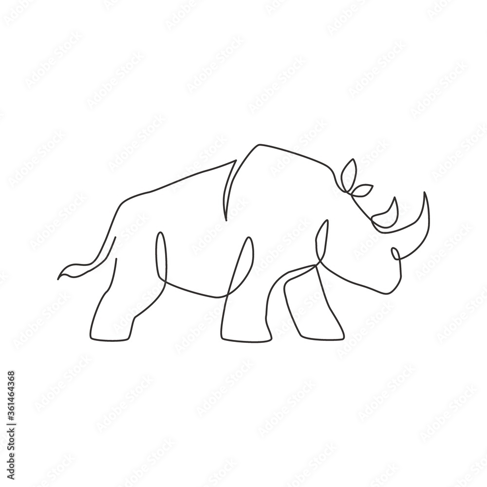 Obraz premium One single line drawing of strong rhinoceros for conservation national park logo identity. Big African rhino animal mascot concept for national zoo safari. Continuous line draw design illustration