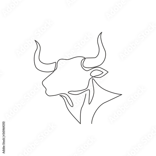 Single continuous line drawing of elegance head buffalo for multinational company logo identity. Luxury bull mascot concept for matador show. Trendy one line draw vector graphic design illustration
