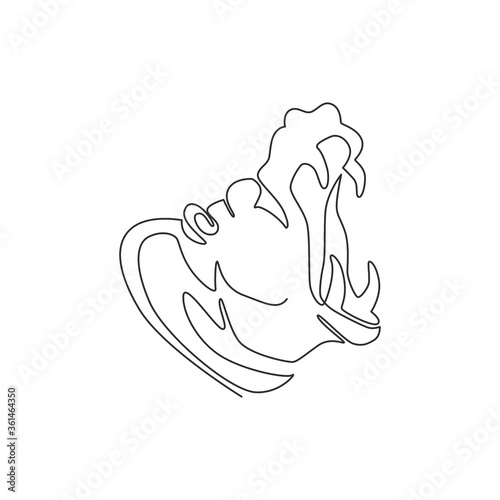 One continuous line drawing of big cute hippopotamus head for company logo identity. Huge wild hippo animal mascot concept for national safari zoo. Single line draw design vector graphic illustration