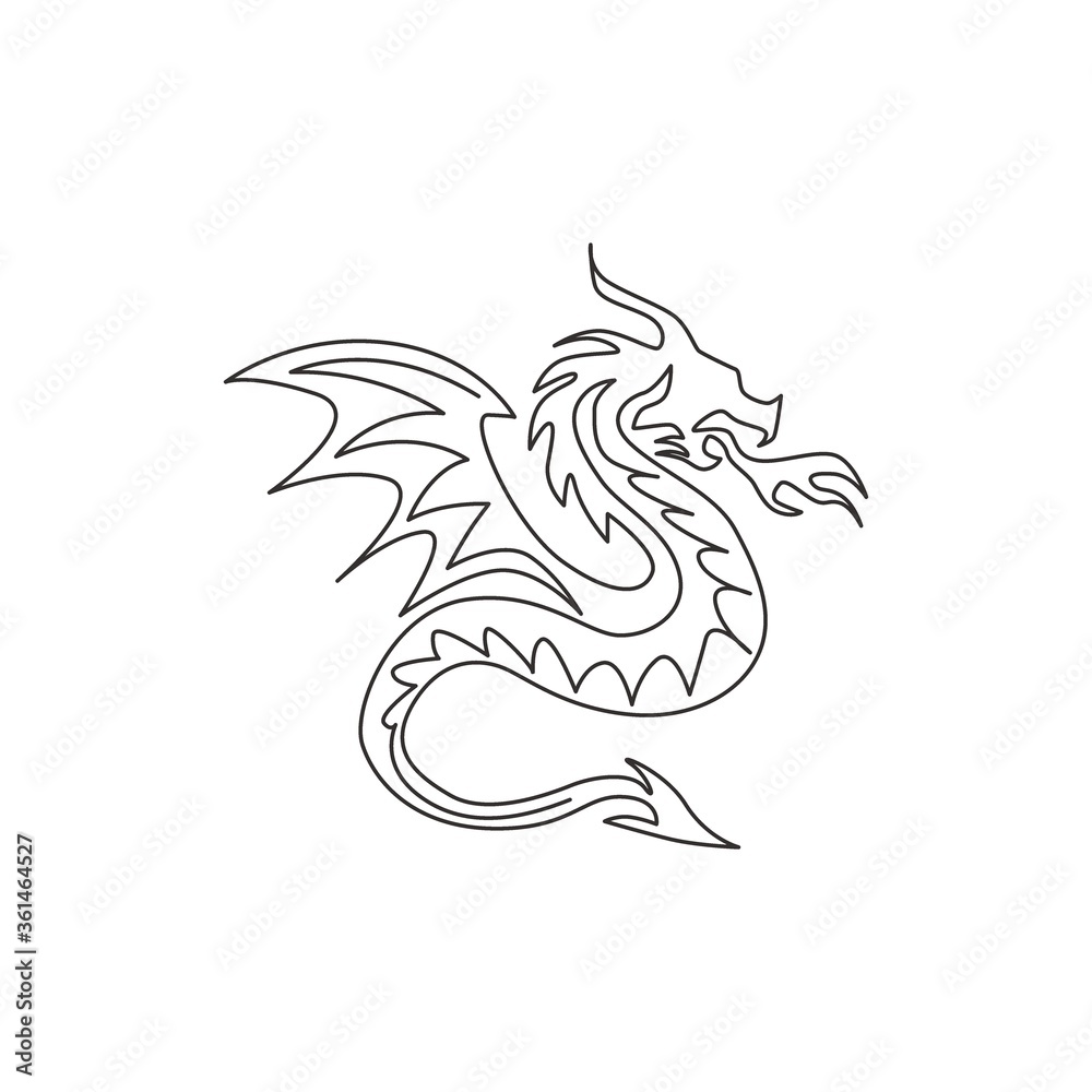 Single continuous line drawing of fictional monsters dragon for chinese traditional logo identity. Magical legend creature mascot concept for martial art association. One line draw design illustration Single continuous line drawing of fictional monsters dragon for chinese traditional logo identity. Magical legend creature mascot concept for martial art association. One line draw design illustration