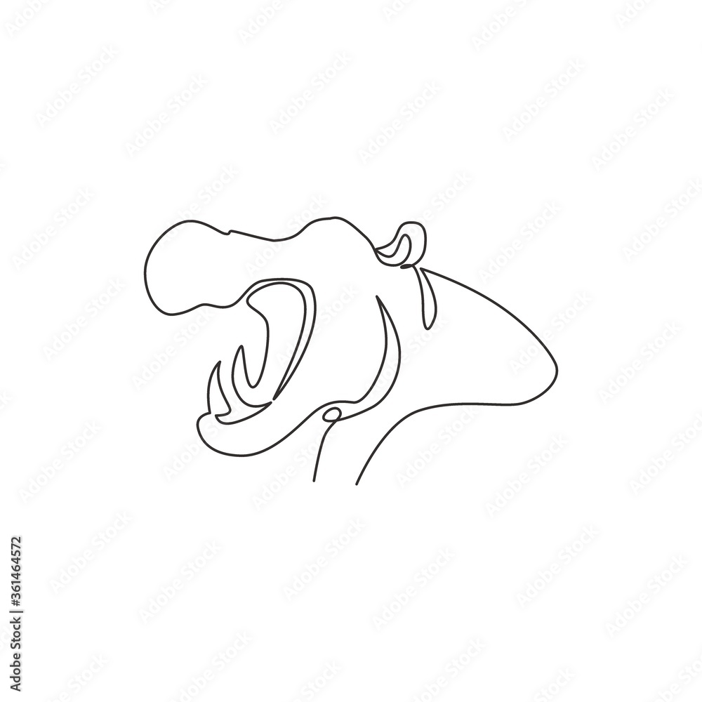 Single continuous line drawing of large cute hippopotamus for safari zoo logo identity. Huge friendly hippo animal mascot concept for conservation national park. One line draw design illustration