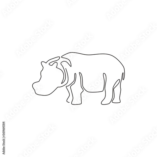 One single line drawing of big cute hippopotamus for kids toy company logo identity. Huge friendly hippo animal mascot concept for national safari zoo. Continuous line draw design vector illustration