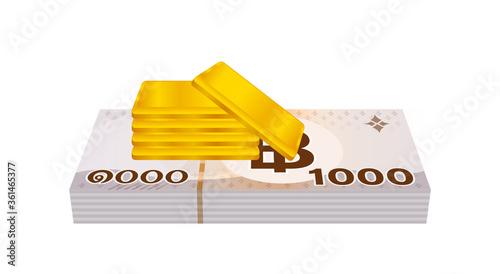 gold bars and stack thai money, gold bullion and banknote THB of thailand, financial business and savings concepts, thai baht money and gold bar isolated on white, bank note paper money bullion gold