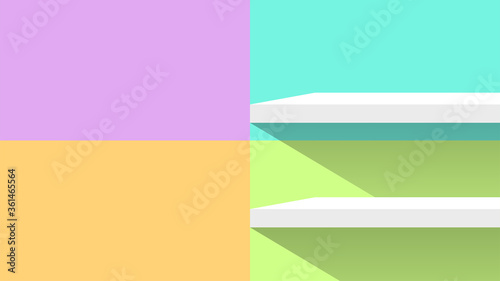 pastel wall mosaic tiles and plank shelf white for product display, simple wall square pattern and table shelves shelf for cosmetics, wall pastel soft, table plank on pastel color square shape