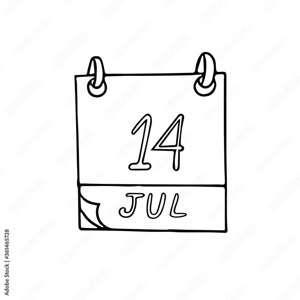 calendar hand drawn in doodle style. July 14. Day, date. icon, sticker, element, design. planning, business holiday