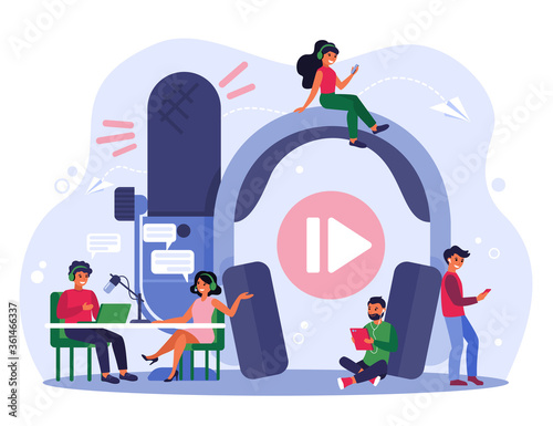 Radio broadcasting concept. Happy radio host with microphone interviewing celebrity woman in studio. People with headset listening to radio podcast