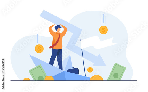 Cartoon man holding arrow falling down isolated flat vector illustration. Tiny businessman during business failure and company problem. Bankruptcy and financial crisis concept