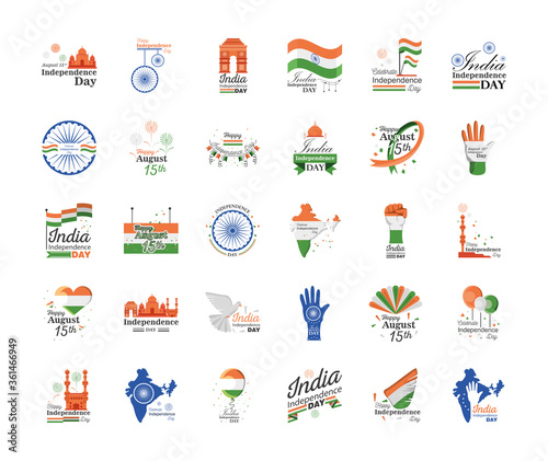 Happy india independence day icon set detailed style icon vector design