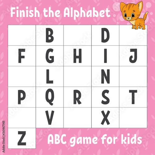 Finish the alphabet. ABC game for kids. Education developing worksheet. Learning game for kids. Color activity page.
