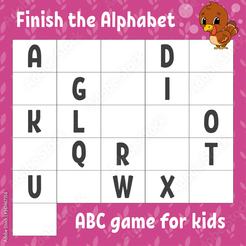 Finish the alphabet. ABC game for kids. Education developing worksheet. Learning game for kids. Color activity page.