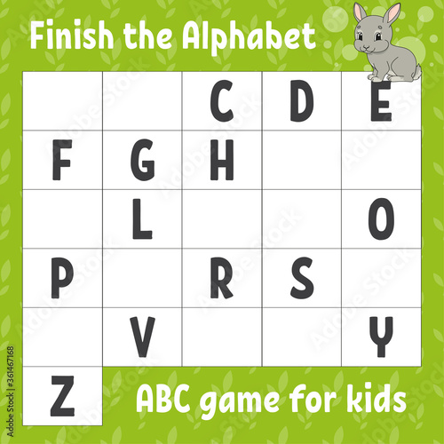 Finish the alphabet. ABC game for kids. Education developing worksheet. Learning game for kids. Color activity page.