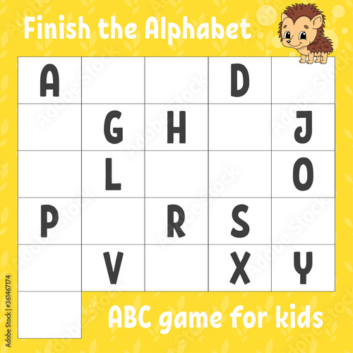 Finish the alphabet. ABC game for kids. Education developing worksheet. Learning game for kids. Color activity page.