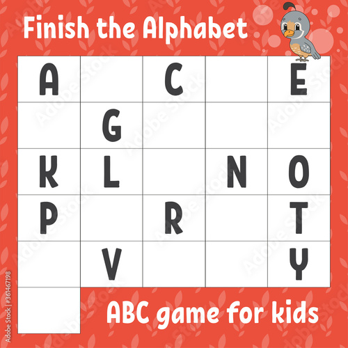 Finish the alphabet. ABC game for kids. Education developing worksheet. Learning game for kids. Color activity page.