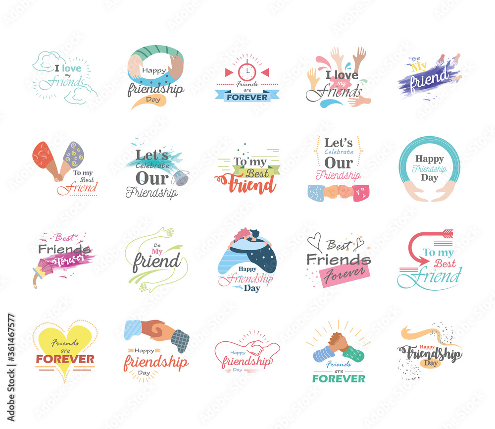 Happy friendship day detailed style icon set vector design