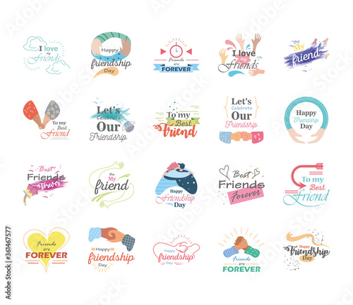 Happy friendship day detailed style icon set vector design