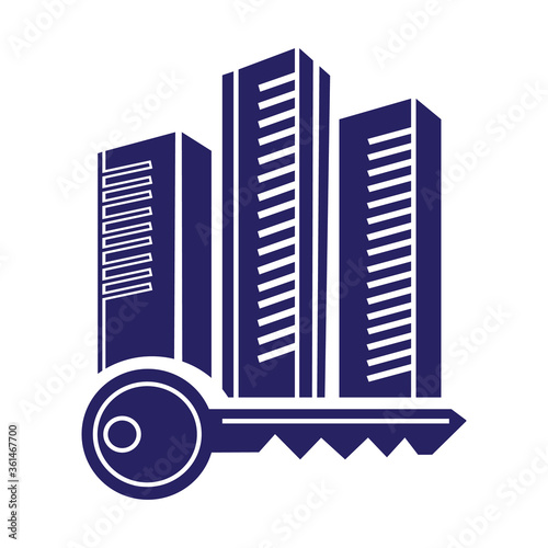 Property developers logo, housing construction concept,  residential buildings and apartment key emblem, vector illustration, flat design.