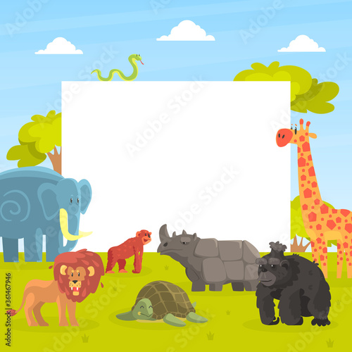 Cute Jungle Animals with White Empty Banner, Giraffe, Elephant, Lion, Monkey, Rhino, Orangutan, Turtle Standing Next to the Blank Signboard Vector Illustration photo